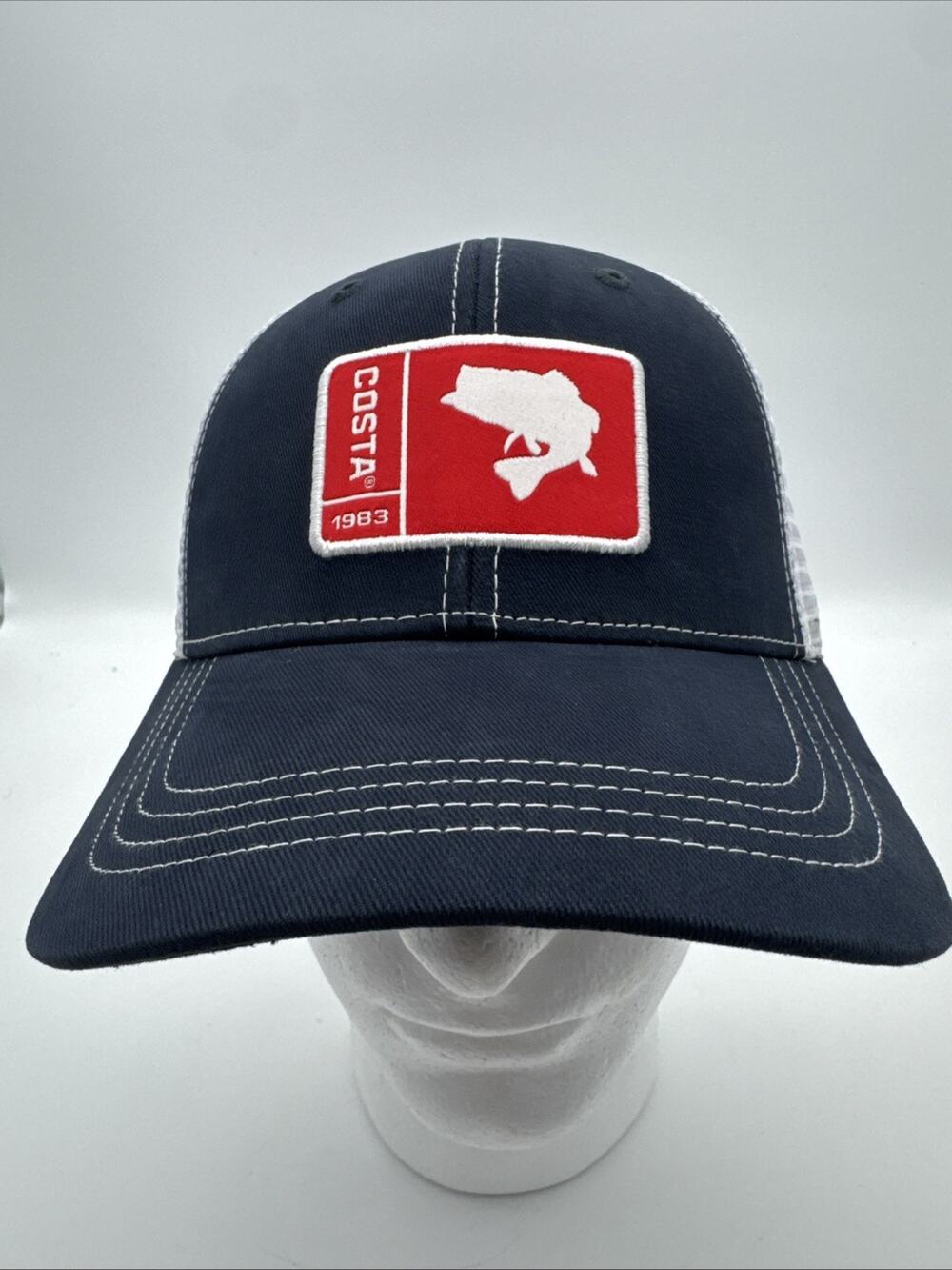Costa Del Mar Trucker Mesh Snapback Cap Hat Original Patch Bass Navy White